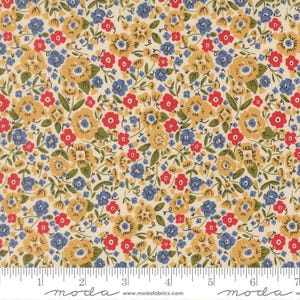 May include: Floral fabric with a cream background, featuring a repeating pattern of yellow, red, and blue flowers with green leaves. The fabric has a ruler along the bottom edge, with the word "moda" and "www.modafabrics.com" printed on it.