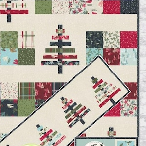 May include: A Christmas Trio quilt pattern featuring three stylized Christmas trees with a red, green, and blue color scheme. The pattern includes instructions for a quilt, runner, and placemats. The text "A Thrill of Hope The Merry World Rejoices" is also included in the design.