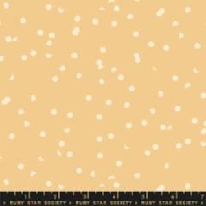 May include: A yellow fabric with a white polka dot pattern. The fabric is a solid yellow color with small white dots scattered throughout.
