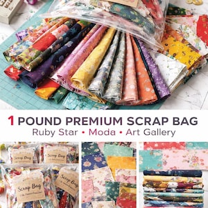 May include: A clear plastic bag labeled "Scrap Bag" filled with colorful fabric scraps. The fabric pieces are fanned out, showcasing various floral and patterned designs. The text "1 Pound Premium Scrap Bag" is also visible.