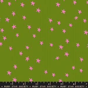 May include: Green fabric with a pattern of pink stars. The stars are scattered across the surface. The text "RUBY STAR SOCIETY" is printed at the bottom of the image.