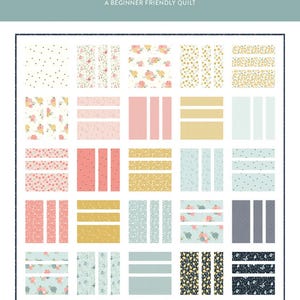 May include: A quilt pattern called "Squared Up" with a beginner-friendly design. The pattern features a variety of floral and geometric prints in pink, yellow, blue, and black.