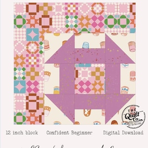 May include: A digital download featuring a Modern Offset Churn Dash Block quilt pattern. The design includes a 12-inch block with a geometric pattern in pink, purple, and cream colors. The text reads "Confident Beginner" and "Digital Download". Designed by Jessica Alice.