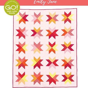May include: A quilting pattern called "Beaming" by Homemade Emily Jane. The pattern features a pink background with a repeating pattern of red, orange, and yellow stars. The pattern is fat quarter friendly and can be made in baby, throw, or bed sizes.