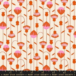 May include: A white fabric with a repeating pattern of orange and pink stylized flowers. The flowers are arranged in vertical rows and have a retro, mid-century modern aesthetic.