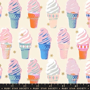 May include: A repeating pattern of colorful ice cream cones on a cream background. The ice cream swirls are pink, blue, and white, with cones in various colors. Gold star accents are scattered throughout.