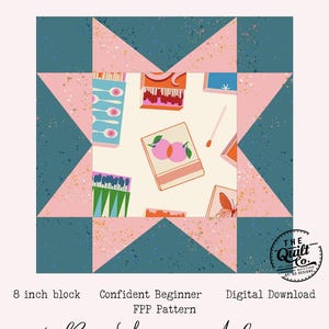 May include: A digital download quilt pattern featuring a Sawtooth Star design. The pattern includes an 8-inch block and is suitable for confident beginners. The design incorporates pink and teal geometric shapes with illustrated matchboxes and fruit.