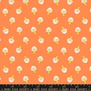 May include: A seamless fabric pattern featuring a repeating design of white mushrooms with yellow stems on a bright orange background.
