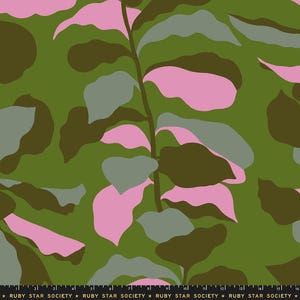May include: A fabric pattern featuring a repeating design of stylized leaves in shades of green, pink, and gray. The leaves are arranged against a solid green background. The text "RUBY STAR SOCIETY" is at the bottom.