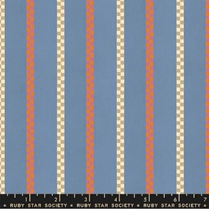 May include: A blue and white striped fabric with orange and pink checkered stripes. The fabric has a subtle texture and is perfect for quilting, sewing, and crafting.