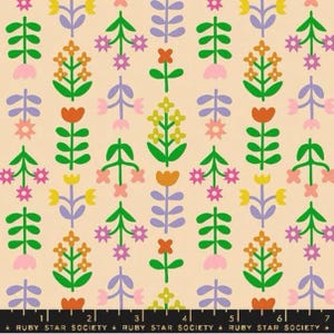 May include: A repeating pattern of stylized flowers in shades of green, orange, yellow, pink, and purple on a cream background. The design includes various floral shapes and star-like accents. The text "RUBY STAR SOCIETY" is at the bottom.