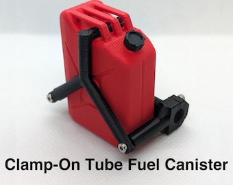 May include: A red 3D-printed fuel canister with a black cap and a black clamp-on mounting bracket attached to the side. The object features a textured surface and includes the text Clamp-On Tube Fuel Canister at the bottom of the frame.