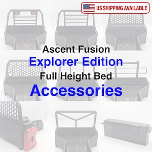 May include: A collection of grey Ascent Fusion Explorer Edition full height bed accessories for trucks, featuring various rack designs with horizontal bars or honeycomb patterns, a red fuel container attachment, and a rectangular storage box.