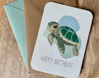 Birthday card with turtle and envelope | Greeting card with sea creature, watercolor, handmade