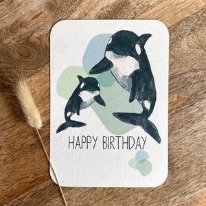 Orca Geburtstagskarte Aquarell | Postkarte mit Walen inklusive Briefumschlag und Personalisierung