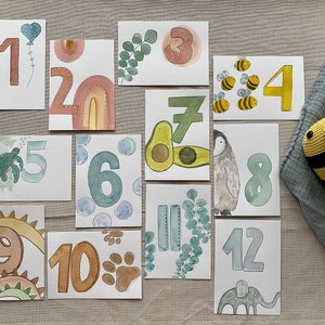 Handgemalte Baby-Meilensteinkarten 12 Monate | Aquarell-Monatskarten für das erste Lebensjahr mit zwölf verschiedenen Motiven