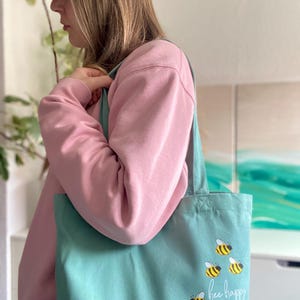 Minimalist cotton tote bag printed with bees in sage green and many other colors | Organic cotton shopping bag with insects image 2