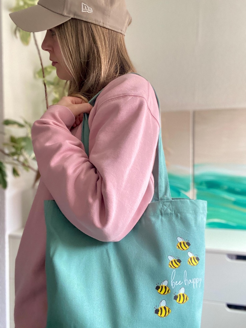 Minimalist cotton tote bag printed with bees in sage green and many other colors | Organic cotton shopping bag with insects image 2