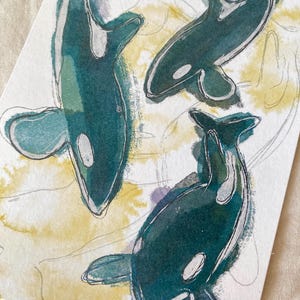 Karte mit Orcas in Aquarelloptik | Postkarte mit Schwertwalen inklusive Briefumschlag