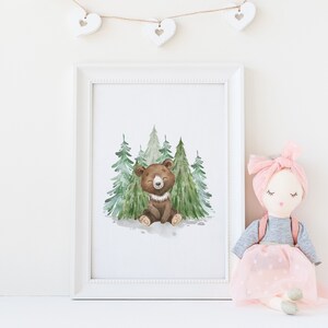 Bear nursery print, cute bear watercolor for nursery, forest animal nursery wall art, woodland playroom decor, gender neutral decor for