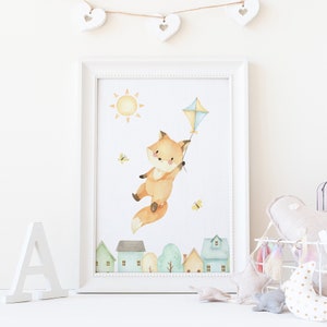 Cuadro Infantil ''El Zorrito y su Cometa'' | Lámina Infantil Zorrito | Lámina Zorrito Acuarela | Lámina Bebé Zorro