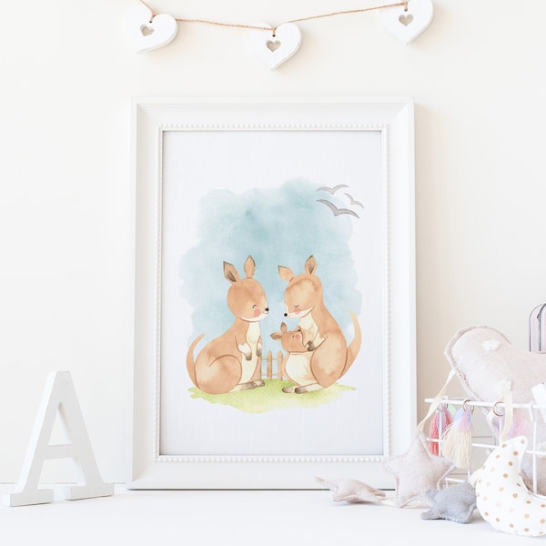 Kangaroo Family Watercolor Print | Kangaroo Watercolor Print | Baby Kangaroo Sheet | Kangaroo Nursery Print | Kangaroo Nursery Watercolor