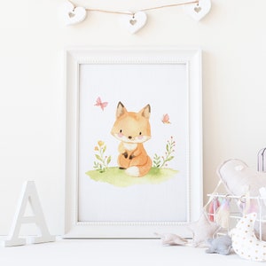 Cuadro Infantil 'Zorrito Adorable', decoración habitación infantil animales del bosque, lámina infantil zorro acuarela, acuarelas para niños