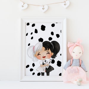 Cruella wall art decor, dalmatians watercolor for baby girl room, dalmatian nursery print, disney baby room decor, dog nursery decor, de vil