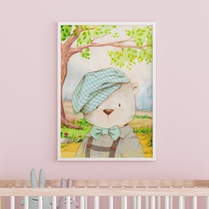Lámina infantil osito, decoración habitación infantil animales del bosque, acuarela infantil oso, láminas de osos, cuadro acuarela para