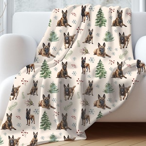 Belgian Malinois Blanket, Winter Themed Malinois Throw, Holiday Dog Mom Blanket for Malinois Lover, Lightweight Warmth Velveteen Throw