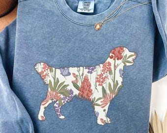 Floral Golden Retriever Sweatshirt, Comfort Colors® Golden Sweatshirt, Golden Mama Gift, Unisex Medium Weight Crewneck