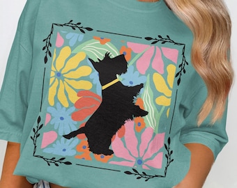 Scottish Terrier T Shirt, Floral Dog Tee, Cute Terrier Shirt, Dog Lover Gift, Scottie Dog T Shirt, Colorful Dog Shirt, Womens T Shirt