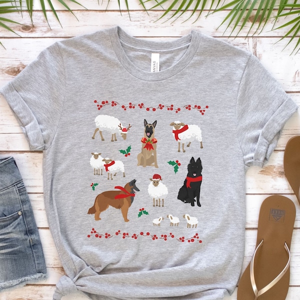 Belgian Shepherd Breeds Christmas Shirt, Belgian Tervuren/Malinois/Belgian Sheepdog Tee, Cottagecore Tshirt, Sheep Herding Dog Xmas Shirt