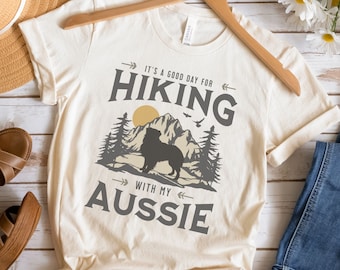 Aussie Hiking T-Shirt, Australian Shepherd, Aussie Dog Gift, Dog Lover Hiking Shirt, Dog Adventure Tee, Dog Person Gift, Hiking Dog T Shirt