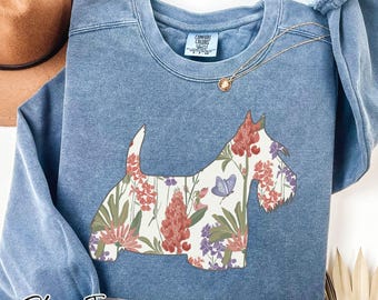 Floral Scottie Dog Sweatshirt, Scottish Terrier Gift, Scottie Mom Sweater, Comfort Colors® Dog, Cottagecore Dog Lover Crewneck, Grandma Gift