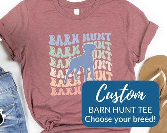 Camiseta deportiva para perros de raza personalizada, camiseta de caza en granero, camiseta retro de caza en granero personalizada, camiseta de entrenamiento de olfato para perros estilo años 70