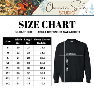 May include: Size chart for Gildan 18000 adult crewneck sweatshirts. The chart shows measurements in inches for width, length, and sleeve center back for sizes S through 5XL.