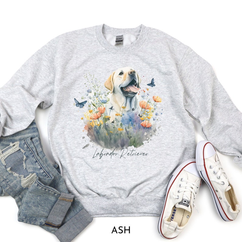 Looking for a gift for a Yellow Lab lover, breeder or rescuer in your life? Lab moms will love this watercolor Lab Retriever art sweatshirt with sweet Labrador surrounded by spring flowers. This comfy and pretty Lab shirt will be a sure favorite!