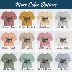 May include: A selection of t-shirts in various colors, including heather mauve, heather mustard, soft cream, silver, heather peach, tan, orchid, vintage white, sage, dusty blue, athletic heather, and light blue. Each t-shirt features a graphic design with the text "BIRNAM WOOD Social Club".