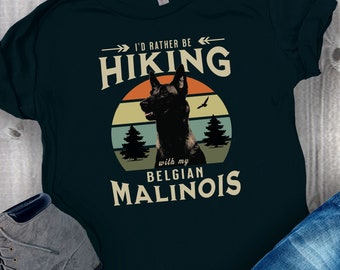 Belgian Malinois Hiking T-Shirt, Malinois Lover Gift, Malinois Dad Tee, Malinois Mom Shirt, Rather be Hiking, Vintage Sunset, Dog Hiker Gift