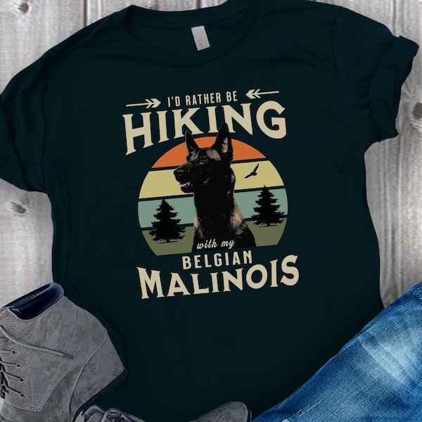 Belgian Malinois Hiking T-Shirt, Malinois Lover Gift, Malinois Dad Tee, Malinois Mom Shirt, Rather be Hiking, Vintage Sunset, Dog Hiker Gift