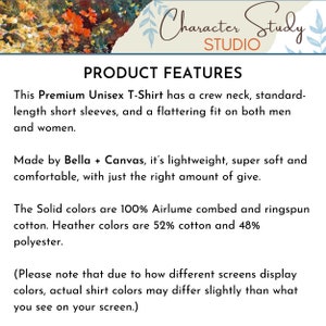May include: Product features for a unisex t-shirt made by Bella + Canvas. The t-shirt has a crew neck, short sleeves, and a flattering fit. It is made from lightweight, super soft, and comfortable fabric. The solid colours are 100% Airlume combed and ringspun cotton. Heather colours are 52% cotton and 48% polyester.  (Please note that due to how different screens display colours, actual shirt colours may differ slightly than what you see on your screen.)