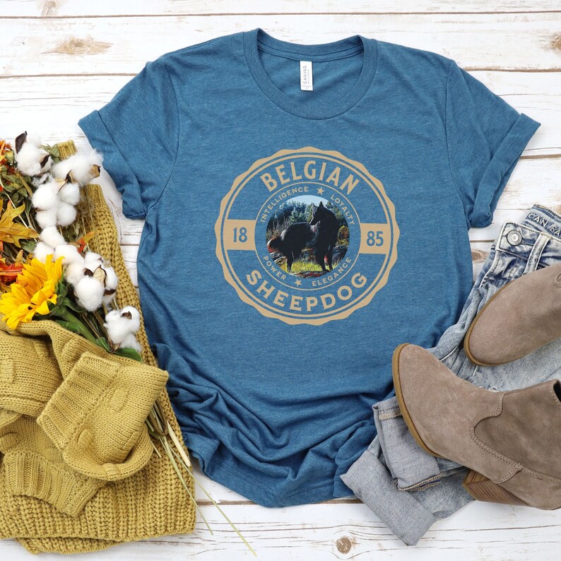 Op de afbeelding: Een tealblauw t-shirt met een bruine ronde afbeelding met een Belgische herder en de tekst "BELGIAN SHEEPDOG". De afbeelding bevat ook de woorden "INTELLIGENCE", "LOYALTY", "POWER", "ELEGANCE" en de nummers "18" en "85".