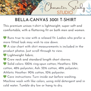 May include: White graphic with the text "Character Study STUDIO" at the top. Below, the text reads "BELLA-CANVAS 3001 T-SHIRT". The description details the shirt's features, including lightweight fabric, crew neck, and care instructions.
