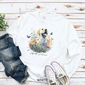 Looking for a gift for a Yellow Lab lover, breeder or rescuer in your life? Lab moms will love this watercolor Lab Retriever art sweatshirt with sweet Labrador surrounded by spring flowers. This comfy and pretty Lab shirt will be a sure favorite!