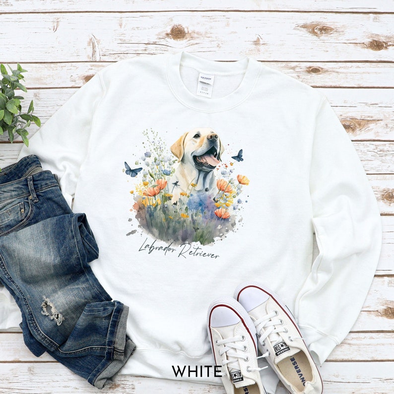 Looking for a gift for a Yellow Lab lover, breeder or rescuer in your life? Lab moms will love this watercolor Lab Retriever art sweatshirt with sweet Labrador surrounded by spring flowers. This comfy and pretty Lab shirt will be a sure favorite!