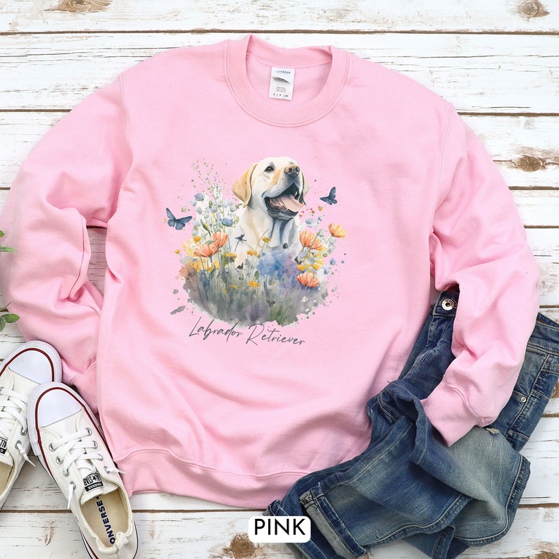 Looking for a gift for a Yellow Lab lover, breeder or rescuer in your life? Lab moms will love this watercolor Lab Retriever art sweatshirt with sweet Labrador surrounded by spring flowers. This comfy and pretty Lab shirt will be a sure favorite!