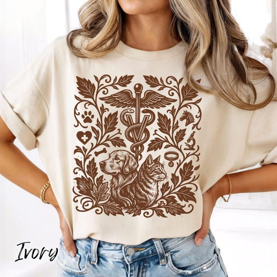 Linocut Veterinary Tee, Monochrome Dog Cat Vet Med Shirt, Vet Tech Week Gift, Veterinarian Gift, Vet Student Graduation Gift