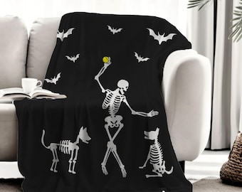 Halloween Dog Blanket, Spooky Dog Lover Gift, Skeleton Dog Blanket, Halloween Blanket Gift, Velveteen Dog Throw, Dog Mom Gift, Puppy Blanket