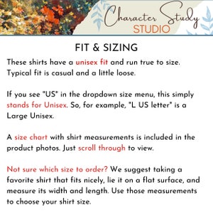 May include: Text explaining sizing information for shirts. The text says "These shirts have a unisex fit and run true to size. Typical fit is casual and a little loose."  It also explains that "US" in the size menu stands for Unisex.  The text also says "A size chart with shirt measurements is included in the product photos. Just scroll through to view."
